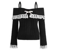 Women Off Shoulder Sweater Top Y2K Aesthetic Long Sleeve Lace Trim Knit Pullover Sweater Cutecore Kawaii Clothes, Off Shoulder Black, Small