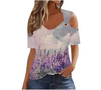 Women Off Shoulder Top Clearance,Ladies Cold Shoulder Cutout T-Shirts Vintage Floral Printed Short Sleeve Crew Neck Tunic Tops Summer Casual Loose Comfort Elegant Tees UK Size S-3XL Today's Deals