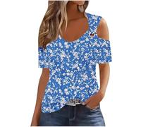 Women Off Shoulder Top Clearance,Ladies Cold Shoulder Cutout T-Shirts Vintage Floral Printed Short Sleeve Crew Neck Tunic Tops Summer Casual Loose Comfort Elegant Tees UK Size S-3XL Today's Deals
