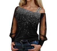 Women Off Shoulder Tops Plus Size Glitter Sequins Shirts Mesh Long Sleeve Print Patchwork Blouse Elegant Oversized T Shirts Casual Blouse Comfy Sparkle Tee Shirt for Party Going Out