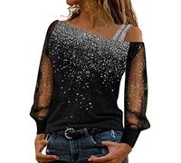 Women Off Shoulder Tops Plus Size Glitter Sequins Shirts Mesh Long Sleeve Print Patchwork Blouse Elegant Oversized T Shirts Casual Blouse Comfy Lightning Deals of The Day Silver