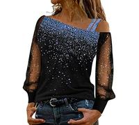 Women Off Shoulder Tops Plus Size Glitter Sequins Shirts Mesh Long Sleeve Print Patchwork Blouse Elegant Oversized T Shirts Casual Blouse Comfy Sparkle Tee Shirts for Party Going Out
