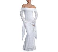 Women Off Shoulder White Lace Maxi Dress Bodycon Mermaid Wedding Party Gown