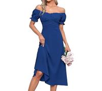 Women Off The Shoulder Slim Dress Wrap Ruffle Puff Short Sleeve Dresses Formal Prom Ruched Tie Back Dress(Blue,XL)