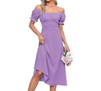 Women Off The Shoulder Slim Dress Wrap Ruffle Puff Short Sleeve Dresses Formal Prom Ruched Tie Back Dress(Purple;,L)