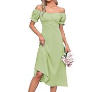 Women Off The Shoulder Slim Dress Wrap Ruffle Puff Short Sleeve Dresses Formal Prom Ruched Tie Back Dress(Green,XXL)