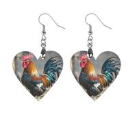 Women Old Rooster Illustration Wooden Earrings Lightweight Dangle Earrings Geometric Drop Earring Vintage Heart-Shaped Retro Daily Wear Jewelry Gift for Wedding Party Graduation