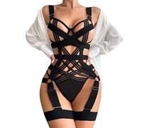 Women One Piece Hollow Out Webbing Bodysuit Cross Bondage Linked Underwear Push-Up Sleepwear Role Paly Suit Cosplay Costume Clubwear For Lingerie Party Chemise Nighties
