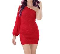 Women One Shoulder Sparkle Dress Glitter Sexy Ruched Bodycon Elegant Frock Mini Formal Prom Cocktail Shiny Gown (Red 1,XL)