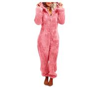 Women Onesies Adults Fluffy Teddy Fleece Pajamas Hooded Thermal Pyjamas for Women Zip Up Women's Nightwear Onesies with Car Ear Loungewear Sleepwear Watermelon Red