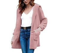 Women Open Front Hood Cardigan, Loose Velvet Long Sleeve Jacket Midi 4 Colors Outerwear Coats Pink M