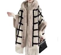 SFSSWSRYDF Women Open Front Lattice Poncho with Faux Fur Trim Layers Tassel Autumn Winter Oversized Cape Soft Large Cardigan Cloak Long Coat One Size,Style 4,One Size