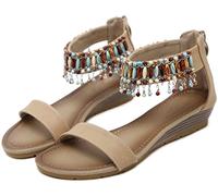 Women Open Toe Thong Sandals T-Strap Beaded Bohemian Gladiator Wedge Sandals Beach Shoes with Ankle Strap Walking Convenient zipper Sandals,Beige,39