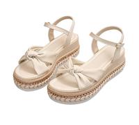 Women Open Toe Wedges Shoes Chunky Wedge Sandals Plus Size Chunky Sole European Style Rope Trimmed Toe Exposed Sandals Summer Single Strap Buckle Solid Black Sandal Heels Womens Walking (Beige,4.5)
