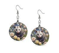 Women Opossum And Roses Wooden Earrings Lightweight Dangle Earrings Geometric Drop Earring Vintage Round Retro Daily Wear Jewelry Gift for Wedding Party Graduation