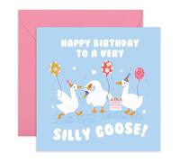Women or Men Birthday Card - Very Silly Goose! - Gifts for Son, Daughter, Niece, Nephew, Grandson, GrandCousin, Friends, BFF, Cute Geese with Balloons and Cake - Includes Envelope