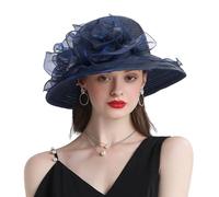 Women Organza Sun Hat Flower Wide Brim Sun Hat Church Hats Derby Tea Party Wedding Bridal Hat, Navy Blue, M