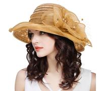 Women Organza Sun-Hats Wide-Brim Church-Hats Fascinator Bridal Tea Party Wedding Hat Summer, Khaki, M