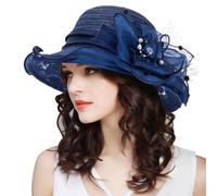 Women Organza Sun-Hats Wide-Brim Church-Hats Fascinator Bridal Tea Party Wedding Hat Summer, Navy, M