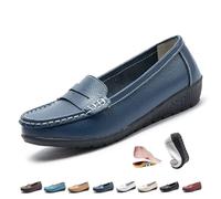Women Orthopedic Loafers in Breathable Leather, Wide Fit Leather Loafers Classic Moccasins Casual Slip-on Work Office Nursing Shoes (Navy,6.5)