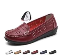 Women Orthopedic Loafers in Breathable Leather, Wide Fit Leather Loafers Classic Moccasins Casual Slip-on Work Office Nursing Shoes (Burgundy-Hollow,3)