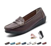 Women Orthopedic Loafers in Breathable Leather, Wide Fit Leather Loafers Classic Moccasins Casual Slip-on Work Office Nursing Shoes (Coffee,6.5)