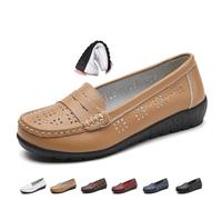 Women Orthopedic Loafers in Breathable Leather, Wide Fit Leather Loafers Classic Moccasins Casual Slip-on Work Office Nursing Shoes (Khaki-Hollow,5)