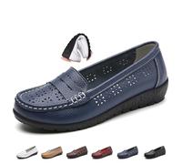 Women Orthopedic Loafers in Breathable Leather, Wide Fit Leather Loafers Classic Moccasins Casual Slip-on Work Office Nursing Shoes (Navy-Hollow,5)