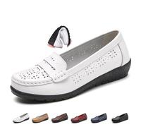 Women Orthopedic Loafers in Breathable Leather, Wide Fit Leather Loafers Classic Moccasins Casual Slip-on Work Office Nursing Shoes (White-Hollow,7)