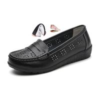 Women Orthopedic Loafers in Breathable Leather, Wide Fit Leather Loafers Classic Moccasins Casual Slip-on Work Office Nursing Shoes (Black-Hollow,3)