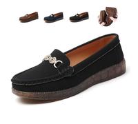 Women Orthopedic Suede Leather Loafers with Chain, Retro Ladies Mocs Classic Moccasins Slip-On Boat Shoes Driving Nursing Shoes (Black,39EU)