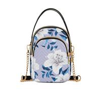 Women over Shoulder Purse Chic Phone Wallet Chain Strap Purse Quilted Zipper Satchel Crossbody Tote White Lilies Blue Leaves Light Lavender