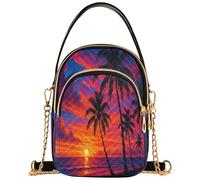 Women over Shoulder Purse Colorful Chain Strap Wallet Phone Purse Quilted Zipper Satchel Crossbody Tote Aesthetic Beach Sunset Tree Purple, 5.91x3.15x8.27inches