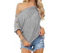 Women Oversized Cold Shoulder Sexy Tunic Tops Buttons Down Blouse Shirt Womens Short Sleeve Off Shoulder Slash Neck Loose Tee Shirts Top Grey UK Size S