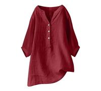Women Oversized Cotton Linen Shirts Button Down Summer Blouse Roll-Up Sleeve Tops Tunic Trendy Boho Ladies Clothes 2024(Za Wine,4X-Large)