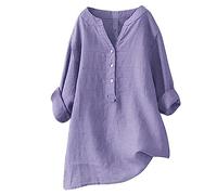 Women Oversized Cotton Linen Shirts Button Down Summer Blouse Roll-Up Sleeve Tops Tunic Trendy Boho Ladies Clothes 2024(Purple 2,Large)