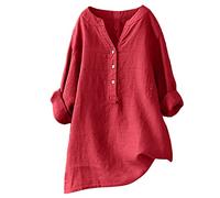 Women Oversized Cotton Linen Shirts Button Down Summer Blouse Roll-Up Sleeve Tops Tunic Trendy Boho Ladies Clothes 2024(Watermelon Red,X-Large)