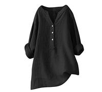 Women Oversized Cotton Linen Shirts Button Down Summer Blouse Roll-Up Sleeve Tops Tunic Trendy Boho Ladies Clothes 2024(Black,4X-Large)
