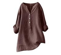 Women Oversized Cotton Linen Shirts Button Down Summer Blouse Roll-Up Sleeve Tops Tunic Trendy Boho Ladies Clothes 2024(Coffee,X-Large)