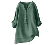 Women Oversized Cotton Linen Shirts Button Down Summer Blouse Roll-Up Sleeve Tops Tunic Trendy Boho Ladies Clothes 2024(Green 2,3X-Large)