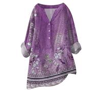 Women Oversized Cotton Linen Shirts Button Down Summer Blouse Roll-Up Sleeve Tops Tunic Trendy Boho Ladies Clothes 2024(Zc-Purple,4X-Large)