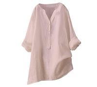 Women Oversized Cotton Linen Shirts Button Down Summer Blouse Roll-Up Sleeve Tops Tunic Trendy Boho Ladies Clothes 2024(Pink,Small)