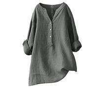 Women Oversized Cotton Linen Shirts Button Down Summer Blouse Roll-Up Sleeve Tops Tunic Trendy Boho Ladies Clothes 2024(Grey,X-Large)