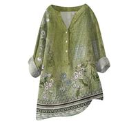 Women Oversized Cotton Linen Shirts Button Down Summer Blouse Roll-Up Sleeve Tops Tunic Trendy Boho Ladies Clothes 2024(Zc Green,XX-Large)