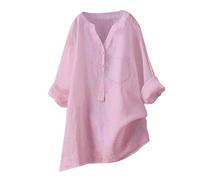 Women Oversized Cotton Linen Shirts Roll-Up Sleeve V Neck Button Down Shirt Plus Szie Classic Loose Basic Henley T-Shirts Casual Beach Tunic Top Trendy Boho Dressy Blouse Tee Pink