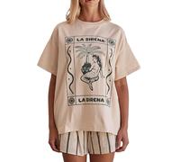 Women Oversized Graphic T-Shirt Summer Aesthetic Print Baggy Top Y2k Short Sleeve Preppy Tees Top(Khaki,Large)