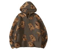 Women Oversized Hoodie Cute Bear Pattern Pullover Soft Plush Fleece Sweatshirt with Pocket Casual Loose-Fit Baggy Hooded Jumper Curvy Ladies Sweater Warm Hoody Tops Loungewear S-XXL Brown