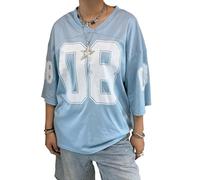 Women Oversized Jersey Shirts Y2k T Shirt Number Graphic Aesthetic Tee V Neck Short Sleeve Loose Fit Streetwear Top (E Blue, S)