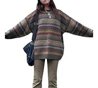 Women Oversized Long Sleeve Sweater Knit Jumper Argyle Plaid Crew Neck Pullover Y2K BF Style Loose Vintage Sweatshirt (Multicolor 2, S)