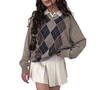 Women Oversized Long Sleeve Sweater Knit Jumper Argyle Plaid Crew Neck Pullover Y2K BF Style Loose Vintage Sweatshirt (Argyle Grey, M)